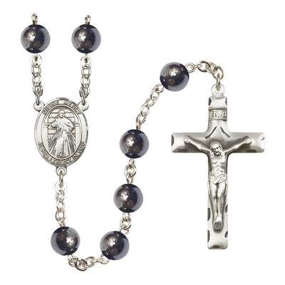 Jesus Divine Mercy 8mm Hematite Silver-plated Catholic Rosary with Pewter Centerpiece and Crucifix, Bliss Manufacturing