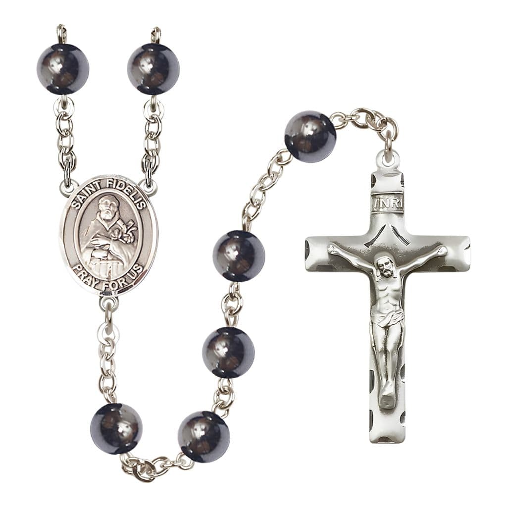 Bliss St. Fidelis of Sigmaringen 8mm Hematite Silver-plated Catholic Rosary with Pewter Centerpiece and Crucifix