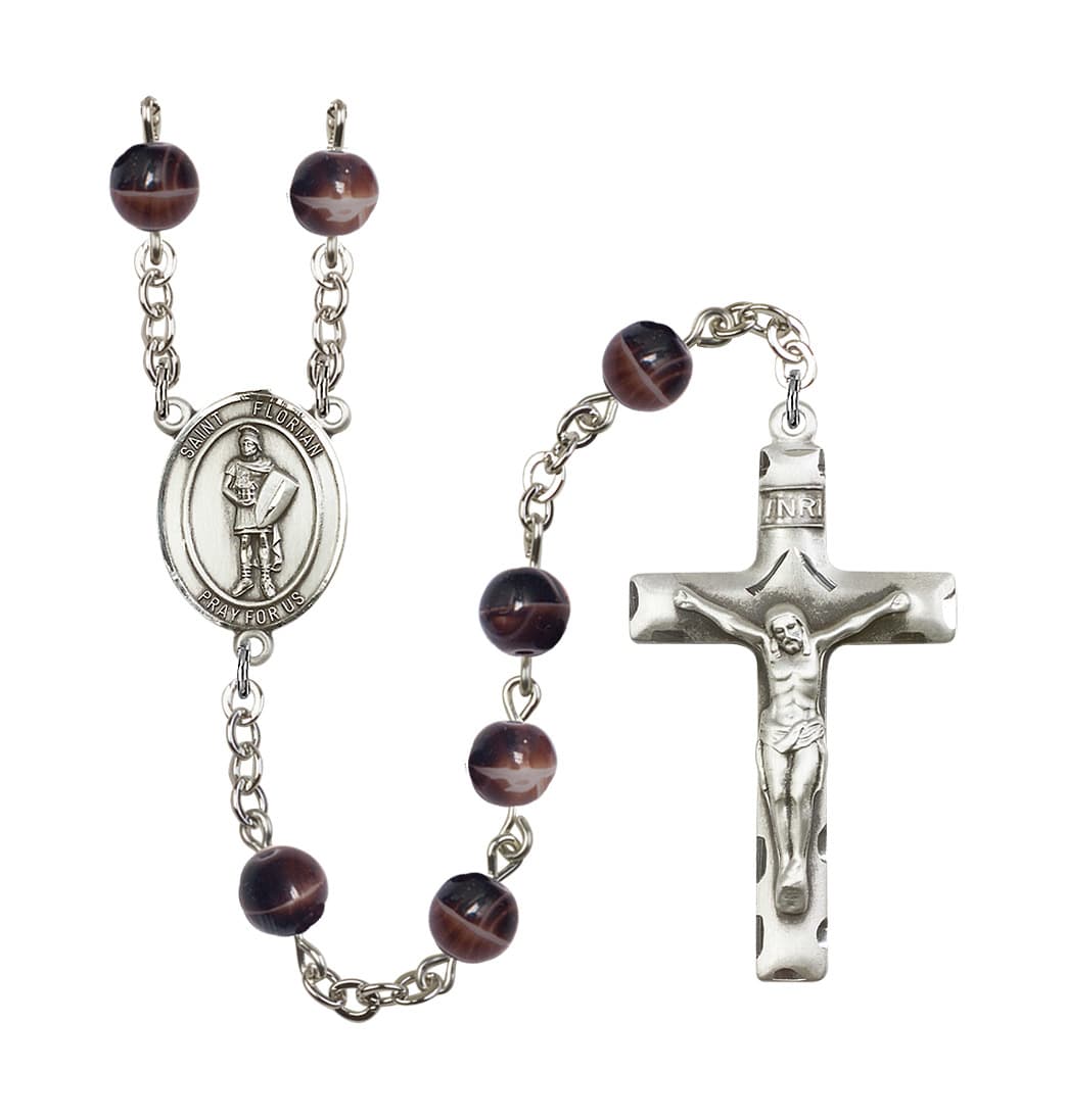 Bliss St Florian 7mm Brown Bead Silver-Plated Rosary,