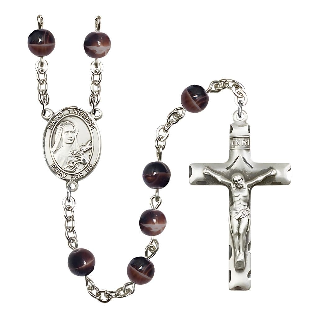 Bliss St. Therese of Lisieux 7mm Brown Glass Bead Silver-plated Rosary with Pewter Crucifix and Centerpiece