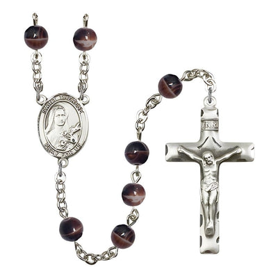 St. Therese of Lisieux 7mm Brown Glass Bead Silver-plated Rosary with Pewter Crucifix and Centerpiece, Bliss Manufacturing
