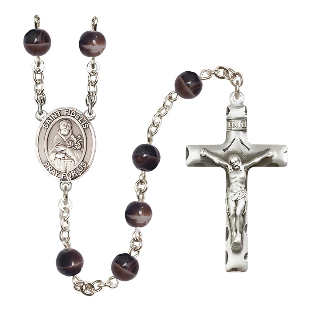 Bliss St. Fidelis of Sigmaringen 7mm Brown Glass Bead Catholic Rosary with Pewter Centerpiece and Crucifix