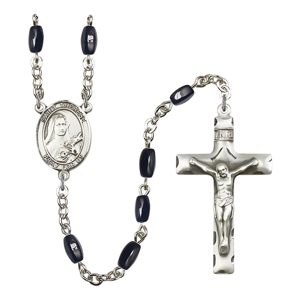 Bliss St. Therese of Lisieux 8x5mm Black Onyx Bead Silver-plated Rosary with Pewter Crucifix and Centerpiece