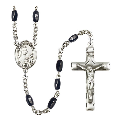 St. Therese of Lisieux 8x5mm Black Onyx Bead Silver-plated Rosary with Pewter Crucifix and Centerpiece, Bliss Manufacturing