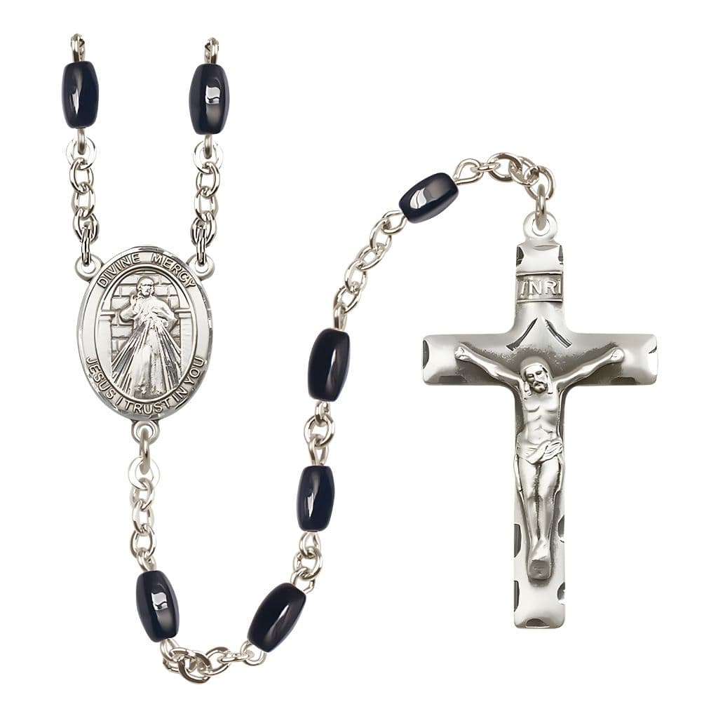Bliss Jesus Divine Mercy 8x5mm Black Onyx Bead Catholic Rosary with Pewter Centerpiece and Crucifix