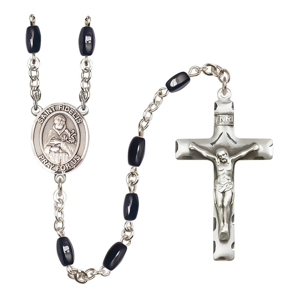 Bliss St. Fidelis of Sigmaringen 8x5mm Black Onyx Bead Catholic Rosary with Pewter Centerpiece and Crucifix