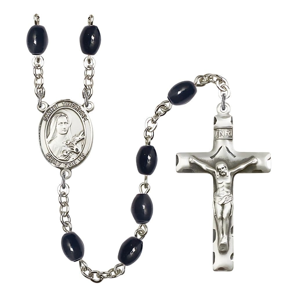 Bliss St. Therese of Lisieux 8x6mm Black Onyx Bead Silver-plated Rosary with Pewter Crucifix and Centerpiece