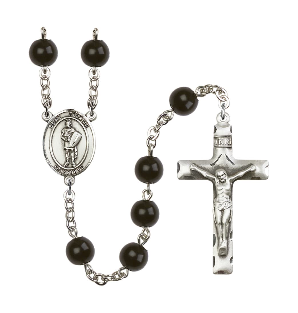 Bliss St Florian 7mm Black Bead Silver-Plated Rosary,