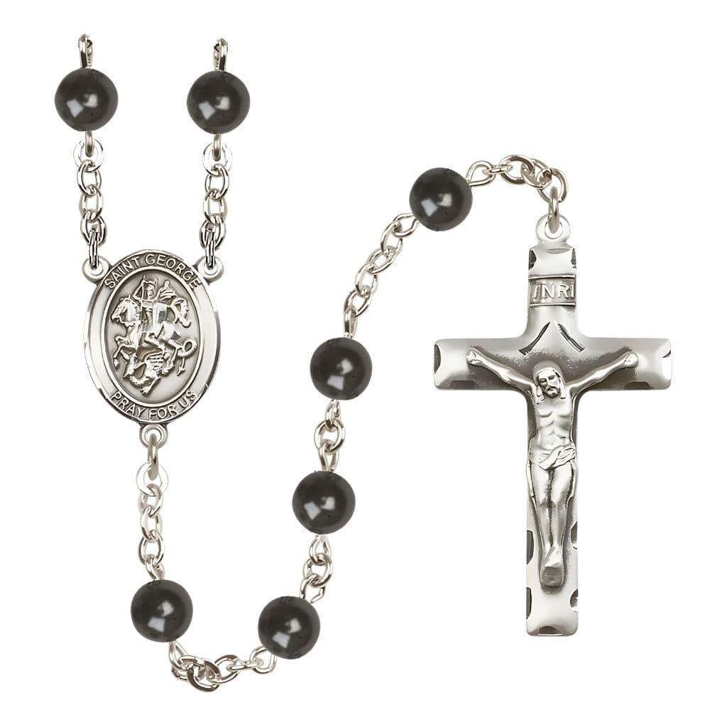 Bliss St. George 7mm Black Onyx Bead Catholic Rosary with Pewter Centerpiece and Crucifix