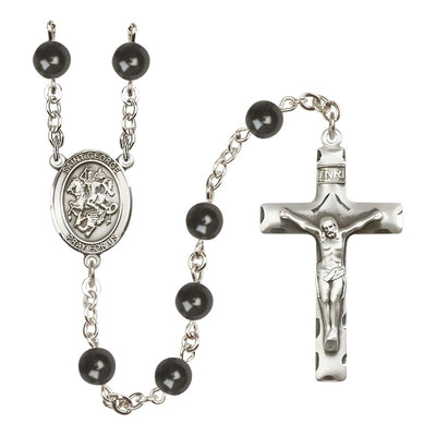 St. George 7mm Black Onyx Bead Catholic Rosary with Pewter Centerpiece and Crucifix, Bliss Manufacturing