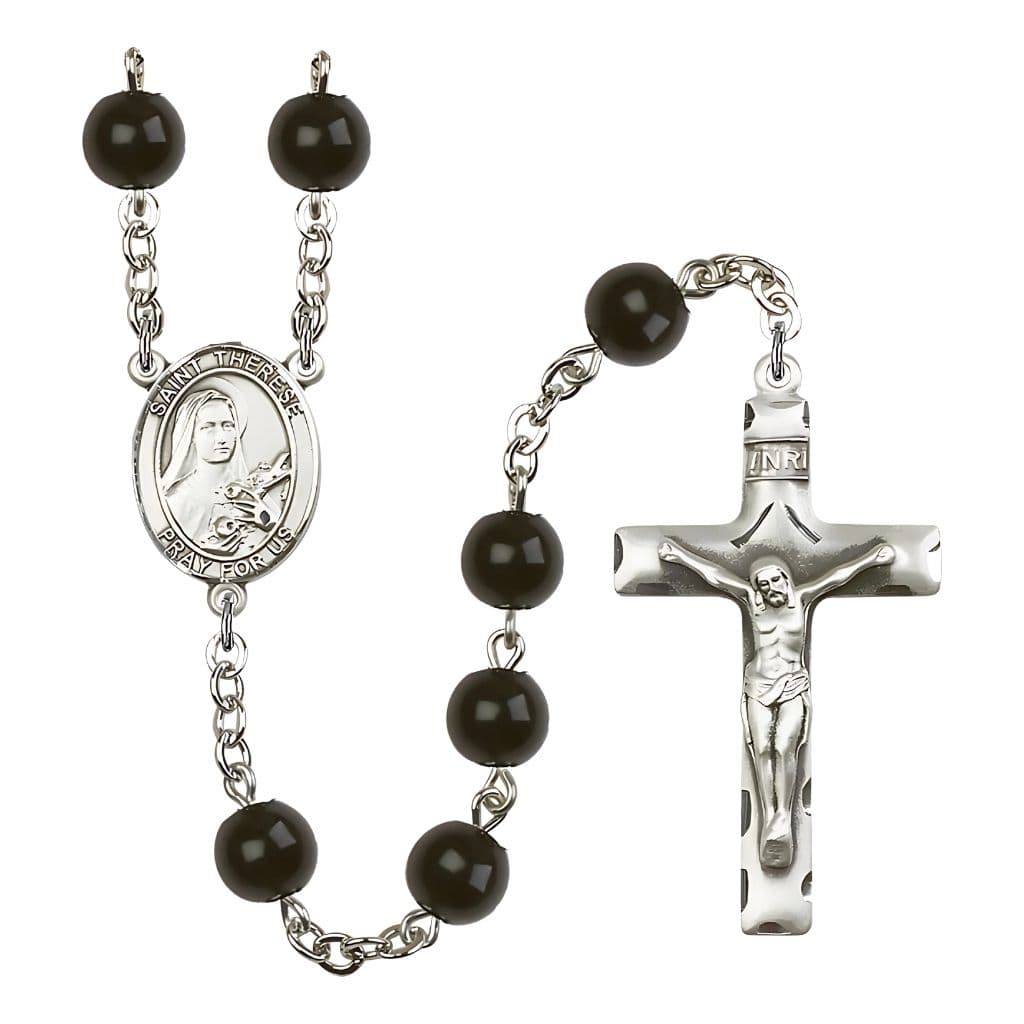 Bliss St. Therese of Lisieux 7mm Black Onyx Bead Silver-plated Rosary with Pewter Crucifix and Centerpiece