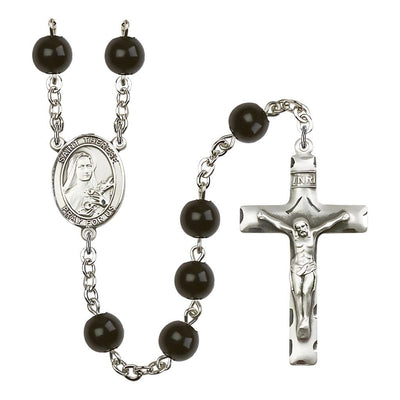 St. Therese of Lisieux 7mm Black Onyx Bead Silver-plated Rosary with Pewter Crucifix and Centerpiece, Bliss Manufacturing