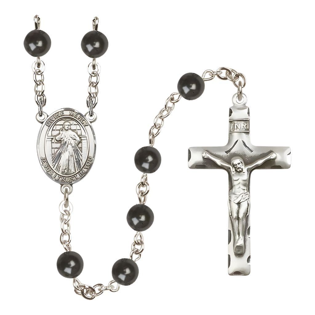 Bliss Jesus Divine Mercy 7mm Black Onyx Bead Catholic Rosary with Pewter Centerpiece and Crucifix
