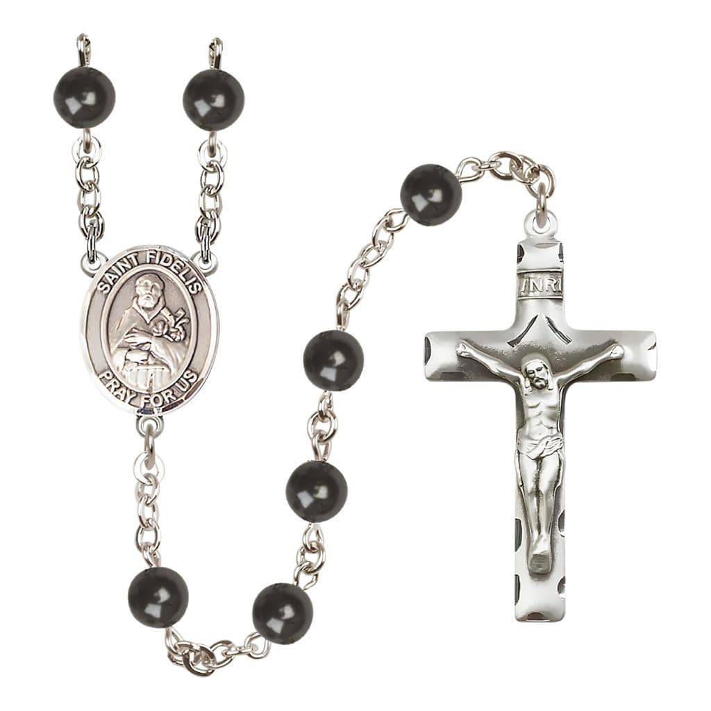 Bliss St. Fidelis of Sigmaringen 7mm Black Onyx Bead Catholic Rosary with Pewter Centerpiece and Crucifix