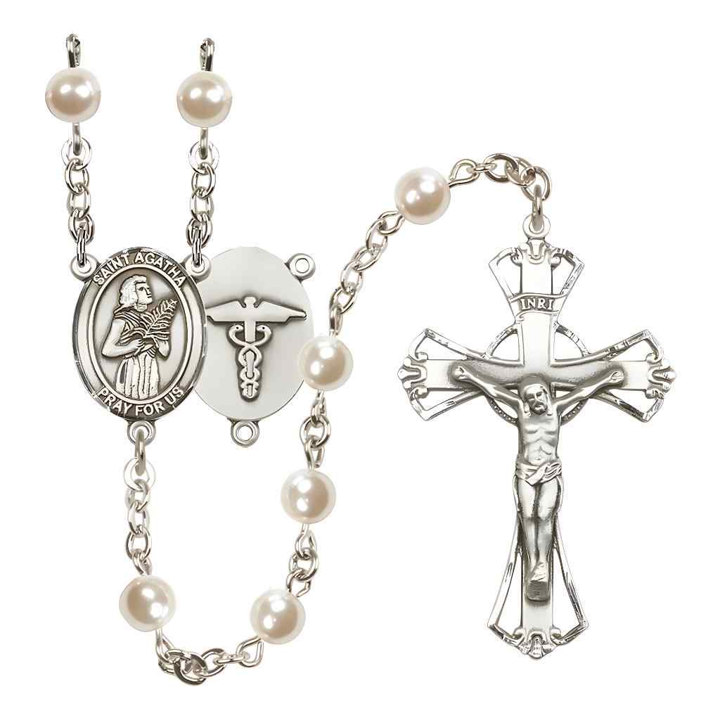 St. Agatha Nurse 6mm Pearl Silver-plated Rosary with Pewter Centerpiece and Crucifix, Made in USA by Bliss