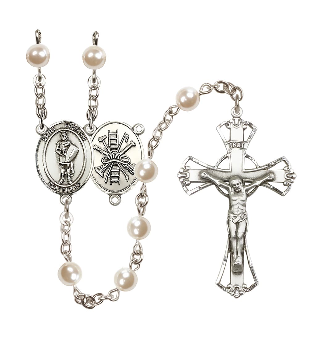 Bliss St Florian Firefighter 6mm Cream Imitation Pearl Silver-Plated Rosary,