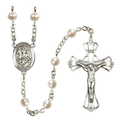 St. George 6mm Pearl Catholic Rosary with Pewter Centerpiece and Crucifix, Bliss Manufacturing