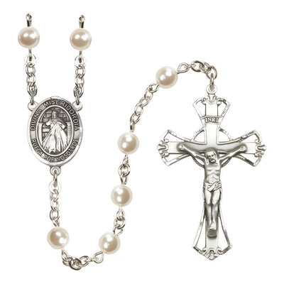 Spanish Jesus Divine Mercy 6mm Pearl Catholic Rosary with Pewter Centerpiece and Crucifix, Bliss Manufacturing