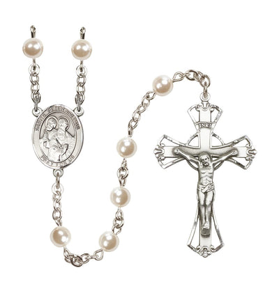 Handmade St. Peter & St. Paul 6mm Faux Pearl Bead Rosary, silver-plated, Bliss Manufacturing