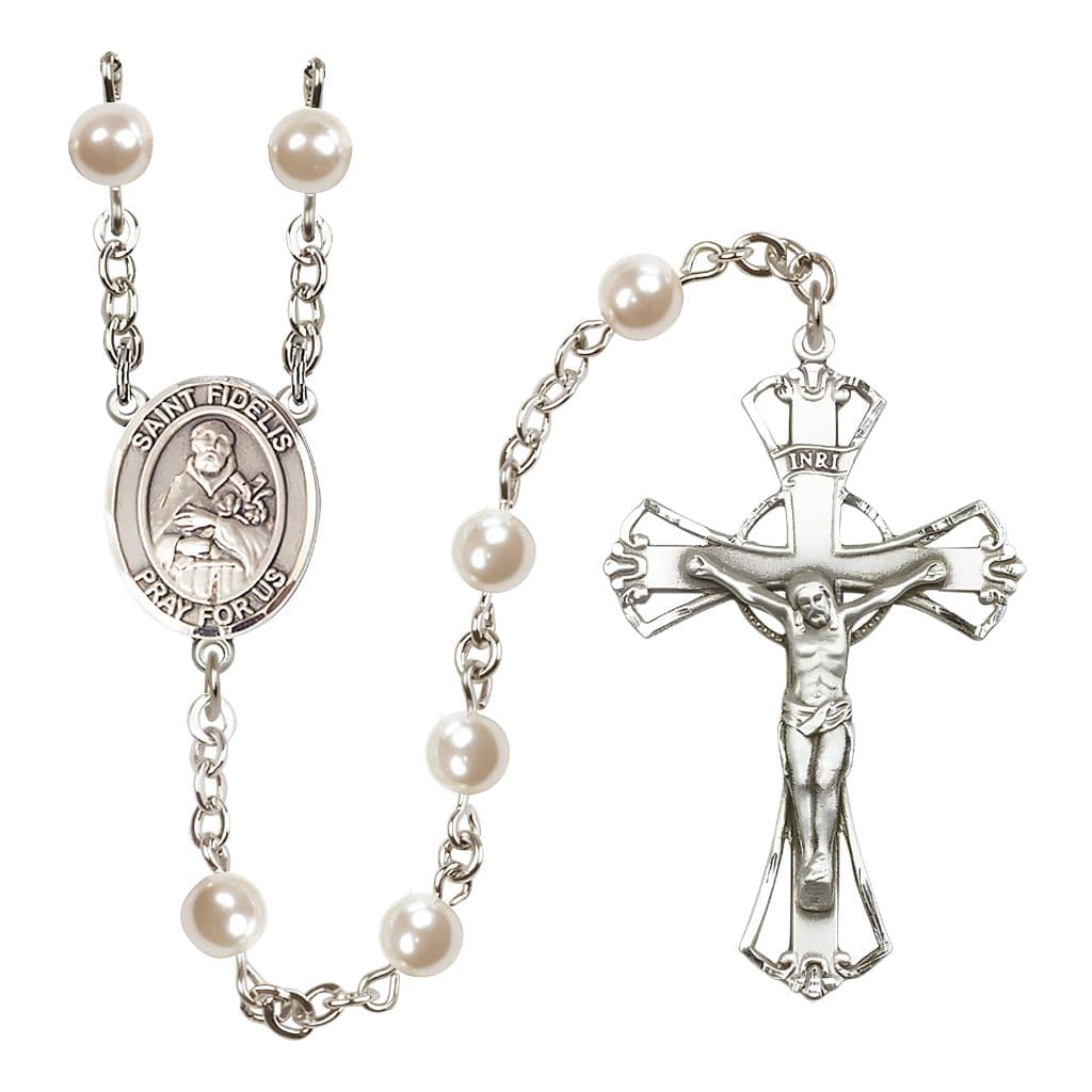 St. Fidelis of Sigmaringen 6mm Pearl Catholic Rosary with Pewter Centerpiece and Crucifix, Made in USA by Bliss