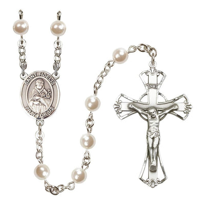 St. Fidelis of Sigmaringen 6mm Pearl Catholic Rosary with Pewter Centerpiece and Crucifix, Bliss Manufacturing