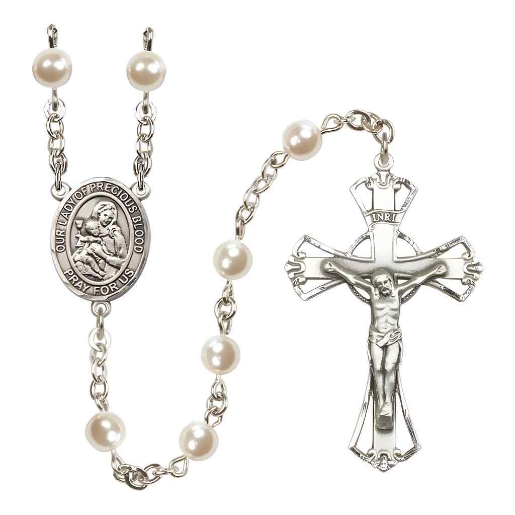 Our Lady of the Precious Blood 6mm Pearl Silver-plated Rosary with Pewter Centerpiece and Crucifix, Made in USA by Bliss
