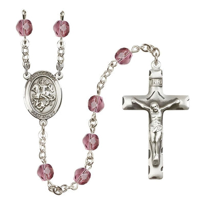St. George Engravable Rosary with Pewter Crucifix and Centerpiece, Birthstone 6mm Fire Polished Amethyst Beads for February, Bliss Manufacturing