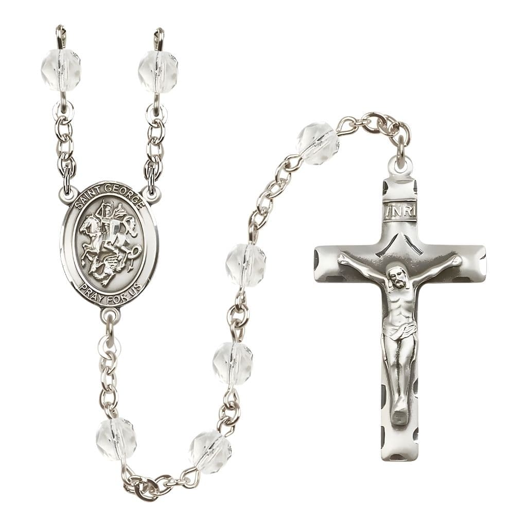 Bliss St. George Engravable Rosary with Pewter Crucifix and Centerpiece, Birthstone 6mm Fire Polished Clear Crystal Beads for April