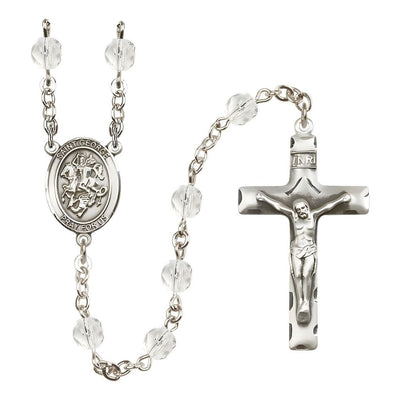 St. George Engravable Rosary with Pewter Crucifix and Centerpiece, Birthstone 6mm Fire Polished Clear Crystal Beads for April, Bliss Manufacturing