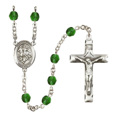 St. George Engravable Rosary with Pewter Crucifix and Centerpiece, Birthstone 6mm Fire Polished Emerald Beads for May, Bliss Manufacturing