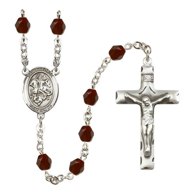 St. George Engravable Rosary with Pewter Crucifix and Centerpiece, Birthstone 6mm Fire Polished Garnet Beads for January, Bliss Manufacturing