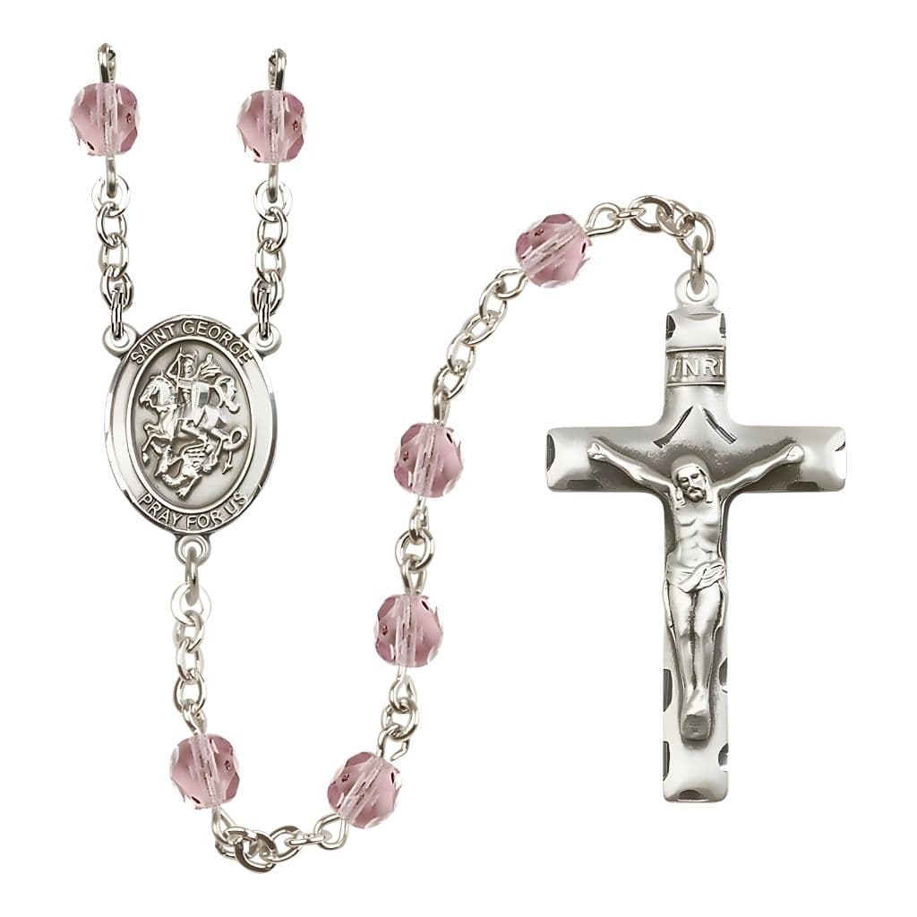 Bliss St. George Engravable Rosary with Pewter Crucifix and Centerpiece, Birthstone 6mm Fire Polished Light Amethyst Beads for June