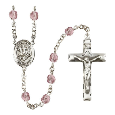 St. George Engravable Rosary with Pewter Crucifix and Centerpiece, Birthstone 6mm Fire Polished Light Amethyst Beads for June, Bliss Manufacturing