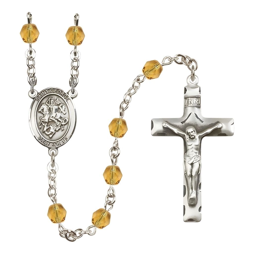 Bliss St. George Engravable Rosary with Pewter Crucifix and Centerpiece, Birthstone 6mm Fire Polished Topaz Beads for November