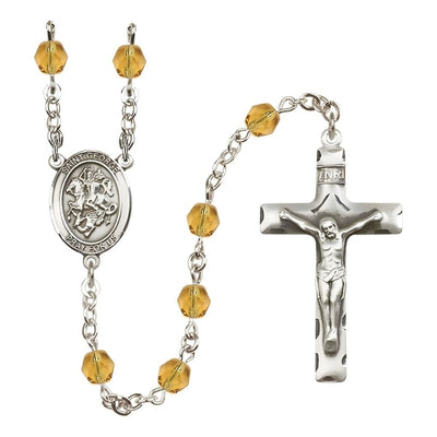 St. George Engravable Rosary with Pewter Crucifix and Centerpiece, Birthstone 6mm Fire Polished Topaz Beads for November, Bliss Manufacturing