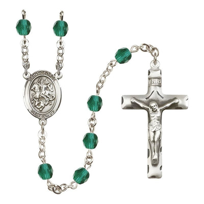 St. George Engravable Rosary with Pewter Crucifix and Centerpiece, Birthstone 6mm Fire Polished Zircon Beads for December, Bliss Manufacturing
