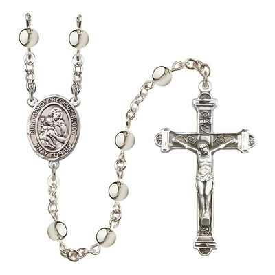 Our Lady of the Precious Blood 6mm Silver-Plated Bead Rosary with Pewter Centerpiece and Crucifix, Gift Box.