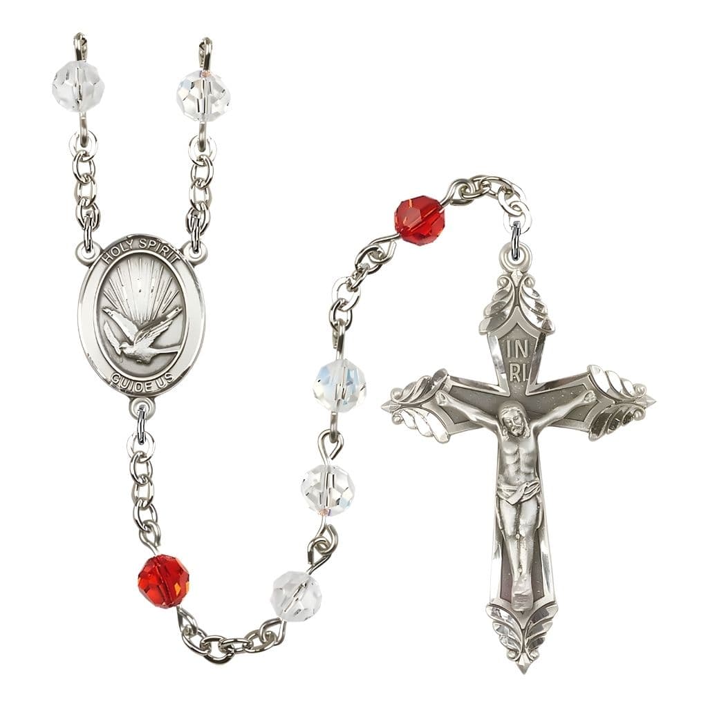 Bliss Holy Spirit Silver-plated Rosary with 6mm Round Austrian Crystal beads, Pewter Crucifix and Centerpiece
