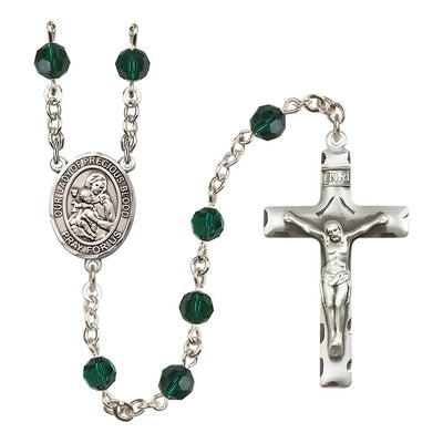 Our Lady of the Precious Blood Rosary with Sterling Silver Traditional Crucifix and Centerpiece, Birthstone 6mm Austrian Crystal Emerald Beads for May