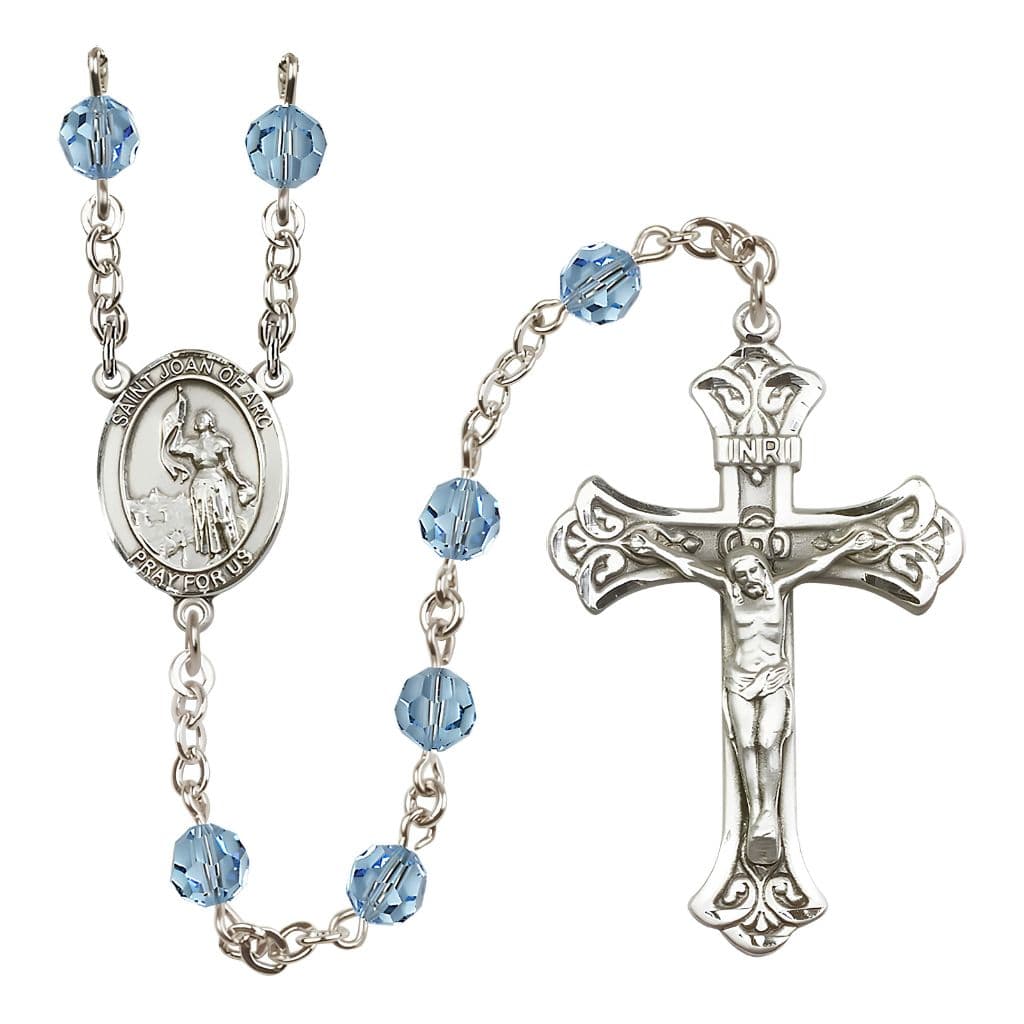 St. Joan of Arc Sterling Silver 6mm Austrian Crystal Rosary in Aqua, Bliss Manufacturing
