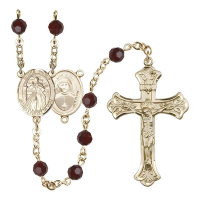 Jesus Divine Mercy Engravable Rosary with Gold-filled Scroll Design Crucifix and Centerpiece, Birthstone 6mm Austrian Crystal Garnet Beads for January, Bliss Manufacturing