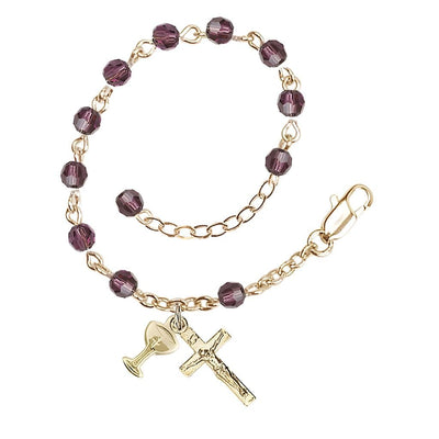 Holy Communion Rosary Bracelet with Gold-plated Crucifix and Medal Chalice, Birthstone 4mm Austrian Crystal Amethyst Beads for February, Bliss Manufacturing