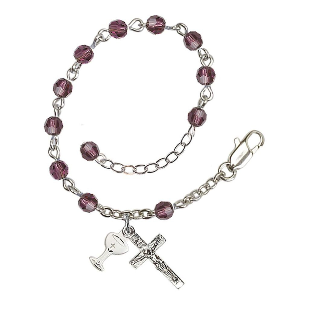 Bliss Holy Communion Rosary Bracelet with Silver-plated Crucifix and Medal Chalice, Birthstone 4mm Austrian Crystal Amethyst Beads for February