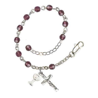 Holy Communion Rosary Bracelet with Silver-plated Crucifix and Medal Chalice, Birthstone 4mm Austrian Crystal Amethyst Beads for February, Bliss Manufacturing