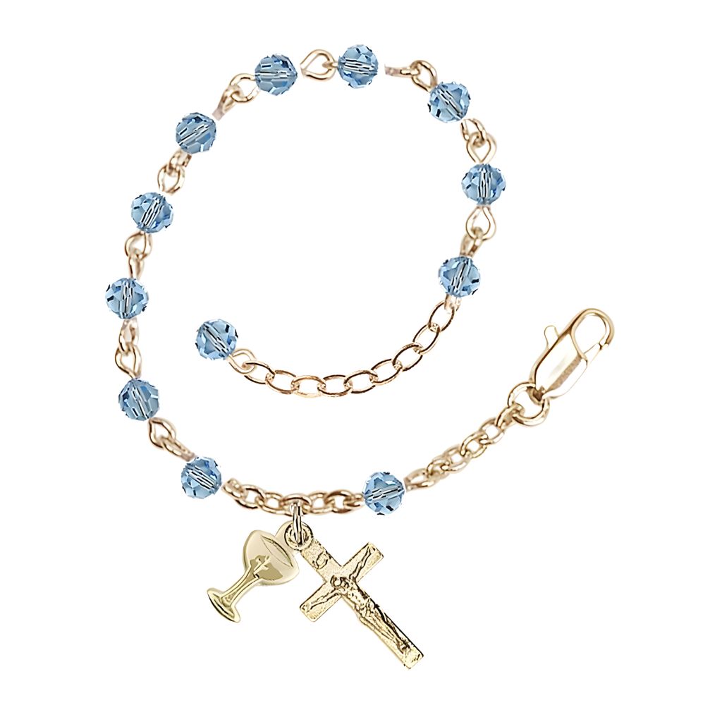 Bliss Holy Communion Rosary Bracelet with Gold-plated Crucifix and Medal Chalice, Birthstone 4mm Austrian Crystal Aqua Beads for March