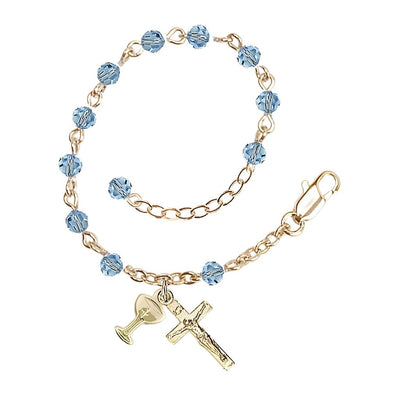 Holy Communion Rosary Bracelet with Gold-plated Crucifix and Medal Chalice, Birthstone 4mm Austrian Crystal Aqua Beads for March, Bliss Manufacturing