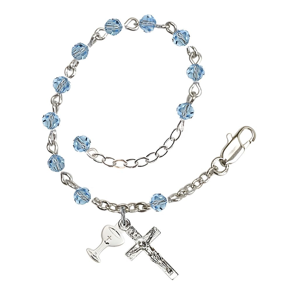 Bliss Holy Communion Rosary Bracelet with Silver-plated Crucifix and Medal Chalice, Birthstone 4mm Austrian Crystal Aqua Beads for March