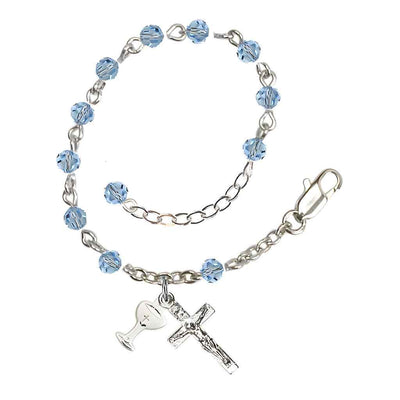 Holy Communion Rosary Bracelet with Silver-plated Crucifix and Medal Chalice, Birthstone 4mm Austrian Crystal Aqua Beads for March, Bliss Manufacturing