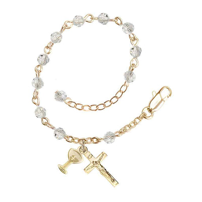 Holy Communion Rosary Bracelet with Gold-plated Crucifix and Medal Chalice, Birthstone 4mm Austrian Crystal Clear Crystal Beads for April, Bliss Manufacturing