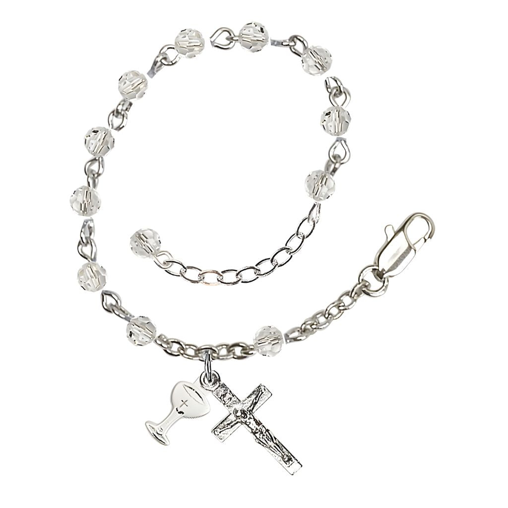 Bliss Holy Communion Rosary Bracelet with Silver-plated Crucifix and Medal Chalice, Birthstone 4mm Austrian Crystal Clear Crystal Beads for April
